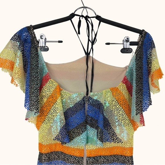 Alice + Olivia | Annabeth Sequin Embroidered Mesh Rainbow Striped Ruffle Dress - Picture 8 of 16